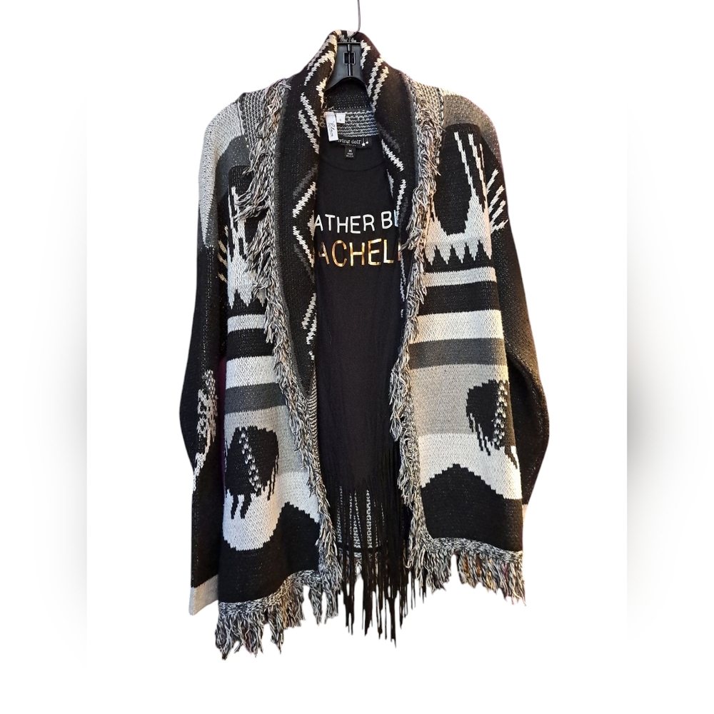 Elan Fringe Long Belted Sweater. Black And White. Southwestern. New